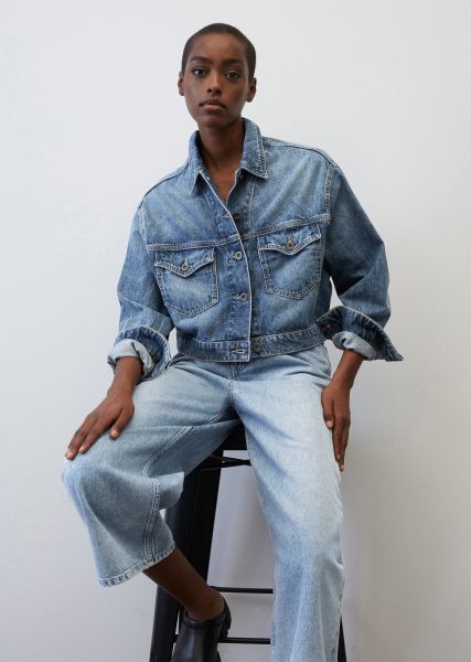 Certified Jackets Vintage Mid Blue Wash Women Super Cropped Oversized Denim Jacket From Organic Cotton