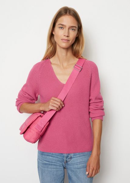 Women V-Neck Knit Sweater Regular From Soft Cotton Yarn Rose Pink Ergonomic Knitted Pullover