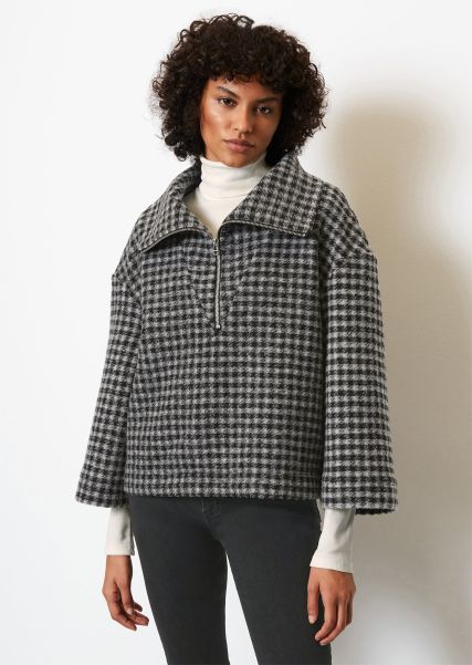 Women Knitted Pullover Plaid Zip Sweater Relaxed Popover Style Outlet Multi/Black