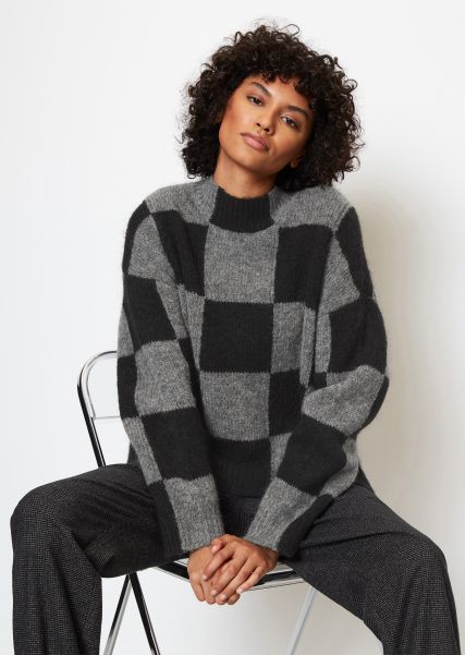 Multi/ Black Plush Soft Checkerboard Sweater Oversize From Virgin Wool-Mohair Wool Mix Women Knitted Pullover