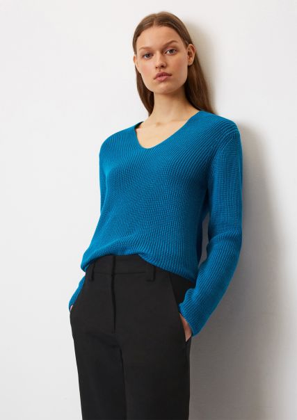 Offer Knitted Pullover Vivid Blue Women V-Neck Knitted Jumper From Heavy Weight Cotton
