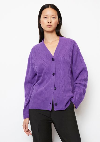 Sturdy Cable Knit Cardigan Oversize From Virgin Wool-Cashmere Wool Mix Shiny Purple Cardigans Women