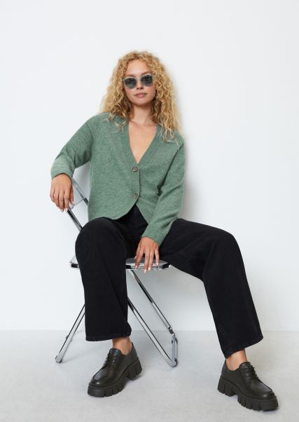 Women Aesthetic V-Neck Cardigan, Relaxed Fit Made From Soft Virgin Wool Mix Green Bamboo Cardigans