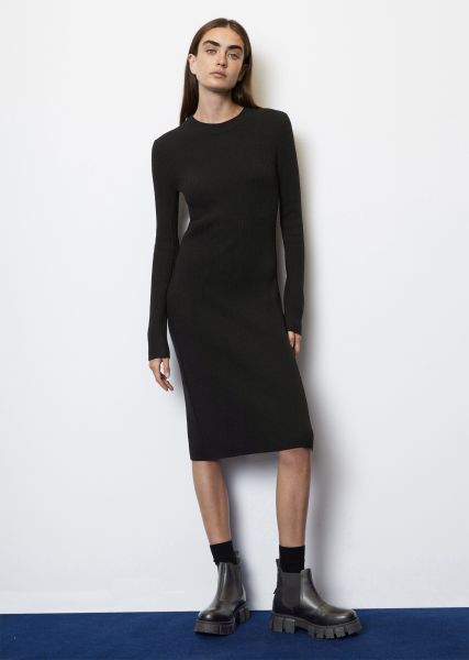 Trendy Black Ribbed Knit Dress Fitted Virgin Wool Mix Dresses Women