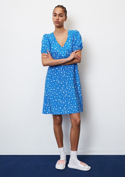 Limited Short V-Neck Dress With Puff Sleeves From Lenzing™ Ecovero™ Dresses Women Multi / Mediterranean Blue