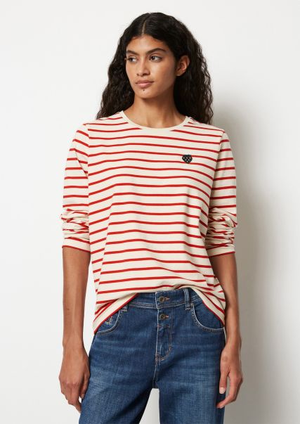 Women T-Shirts Striped Longsleeve Regular With Strawberry Application Multi/ Shiny Red Simple