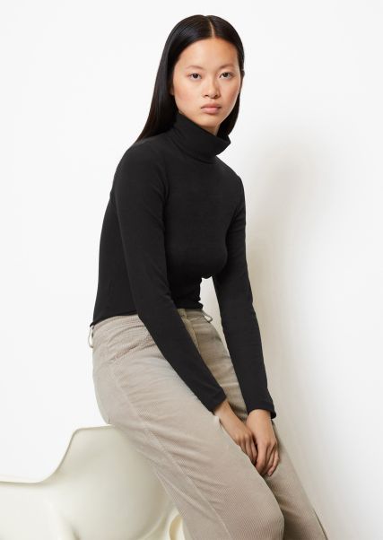 Women T-Shirts Secure Black Long Sleeve Polo Neck Top From Soft Ribbed Jersey