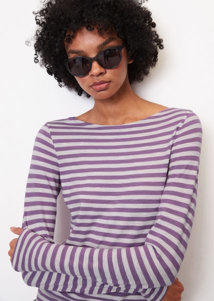 Multi/ Wild Lilac Women T-Shirts Striped Long Sleeve Top, Regular Fit Made From Organic Cotton Slub Jersey Functional