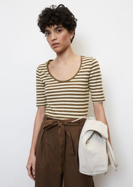Multi/ Earthy Brown Striped T-Shirt With A Deep Round Neckline, Regular Fit From Organic Cotton Flash Sale T-Shirts Women