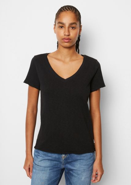 Black T-Shirts Women V-Neck T-Shirt, Regular Fit Organic Slub Cotton Quality