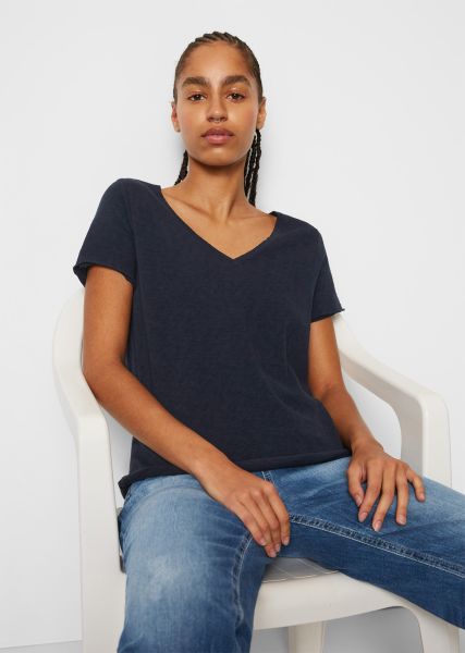 V-Neck T-Shirt, Regular Fit Organic Slub Cotton T-Shirts Deal Women Scandinavian Blue