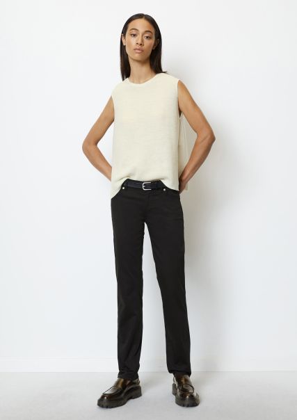 Women Black Slashed Trousers Model Alby Straight In Smooth, Stretchy Sateen Trousers