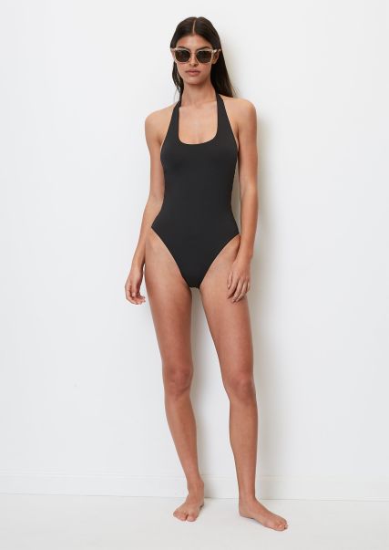 Halterneck Swimsuit With A Deep V-Neck Swimwear Black Spacious Women