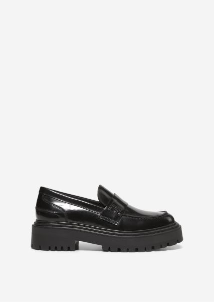 Women Affordable Chunky Loafers From Polished Calfskin Loafers Black