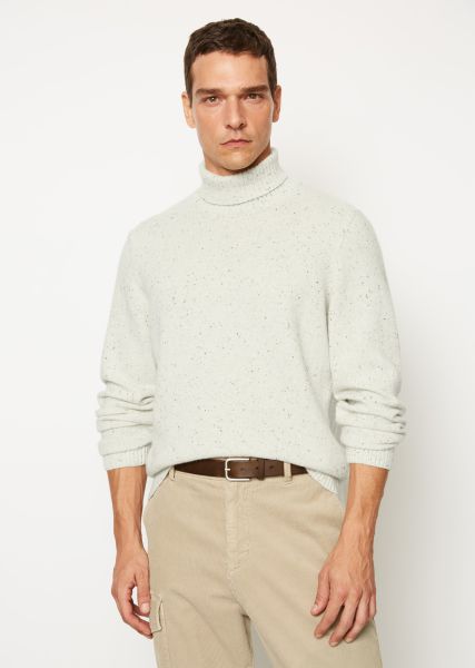 White Cotton Turtleneck Sweater Regular From Speckled Tweed Yarn Men Chic Knitted Pullover