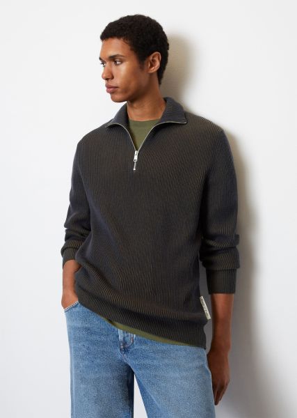 Men Functional Dark Navy Knitted Troyer Regular Made From Organic Cotton With Virgin Wool Knitted Pullover
