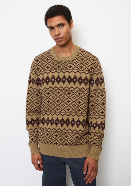 Outstanding Men Jacquard Jumper Regular Made From A Cotton/Virgin Wool Mix Knitted Pullover Stone Hearth