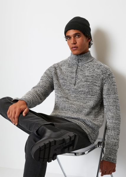 Multi/ Black Men Knitted Pullover Knitted Troyer Relaxed Made From Two-Coloured Organic Cotton Yarn Inviting