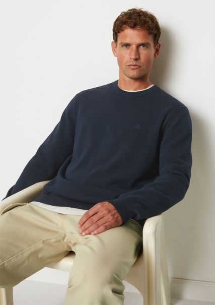 Budget Knitted Pullover Men Dark Navy Organic Cotton Sweater Regular With Fine Piqué Structure