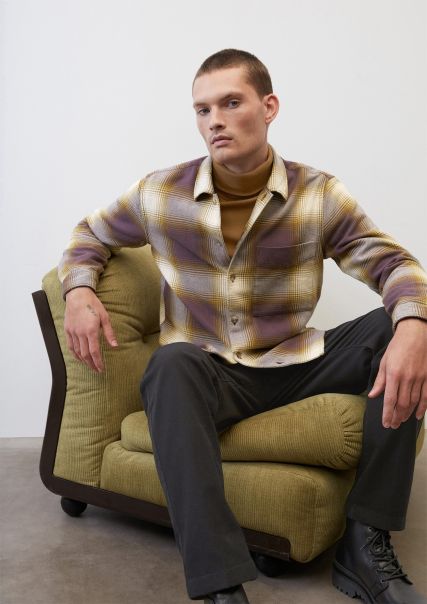 Multi/ Dark Plum Shirts Precision Men Flannel Long Sleeve Shirt Regular Made From Yarn Dyed Organic Cotton