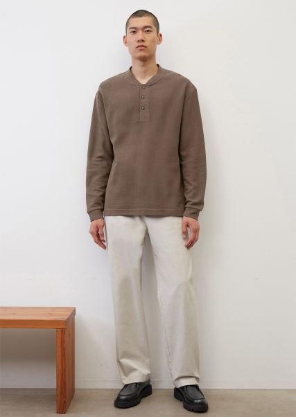 Derby Brown Unleash Relaxed Long-Sleeved Serafino Top Made Of Micro Waffle Textured Jersey Men T-Shirts
