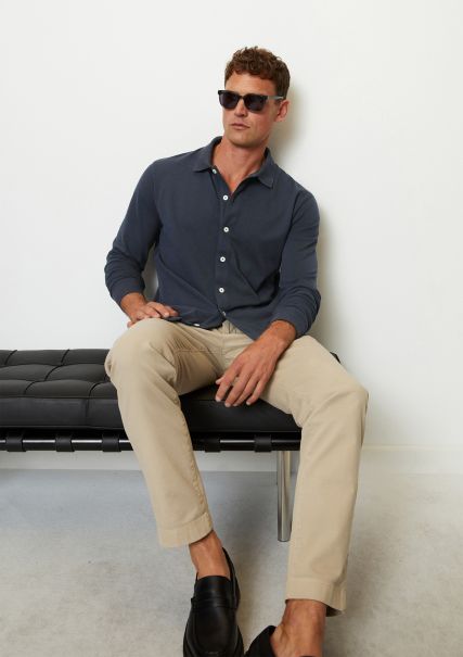 Long Sleeve Polo Shirt Cotton Lycra Piqué Regular With A Full-Length Button Placket Limited Polos Dark Navy Men